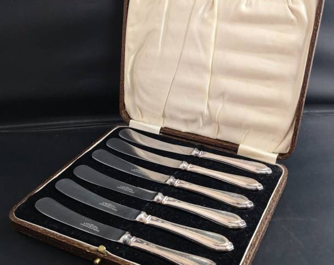 Vintage Art Deco sterling silver dessert knives, cased