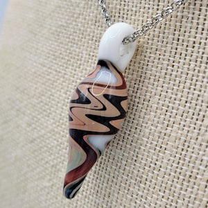 Handmade Glass Tan/White/Red Squiggle Pendant. Men and Women&#39;s Necklace