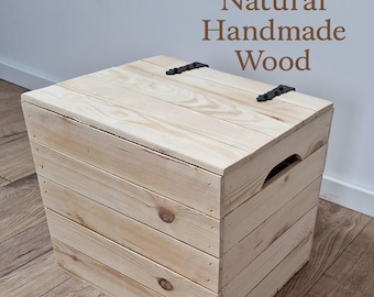 Wooden Storage Box with Hinged Lid  Handmade Rustic Crate  Natural Wood Organizer for Home Decor
