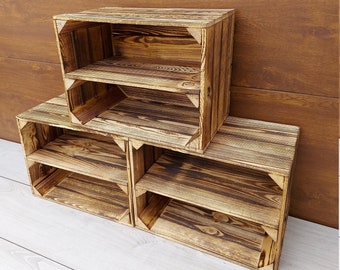 Storage Wooden Crates With Shelf, Sets of 1-8 Boxes, Wood Crate Brown, Grey, White Or With Burnt Effect, Shoe racks