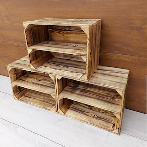 Storage Wooden Crates With Shelf, Sets of 1-8 Boxes, Wood Crate Brown, Grey, White Or With Burnt Effect, Shoe racks