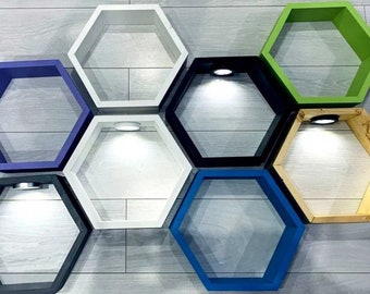 LED Hexagon Shelves  set of 3 three honeycomb wood design feature living room white ,black ,natural,Burnt effect,light green,lavender