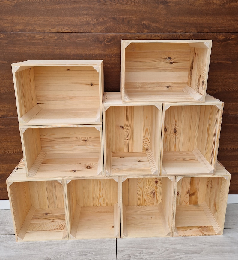 Sturdy Wooden Crates, Strong Storage Boxes In Sets of, Colours, Brown, Graphite, White, Natural, Burnt Effect Natural