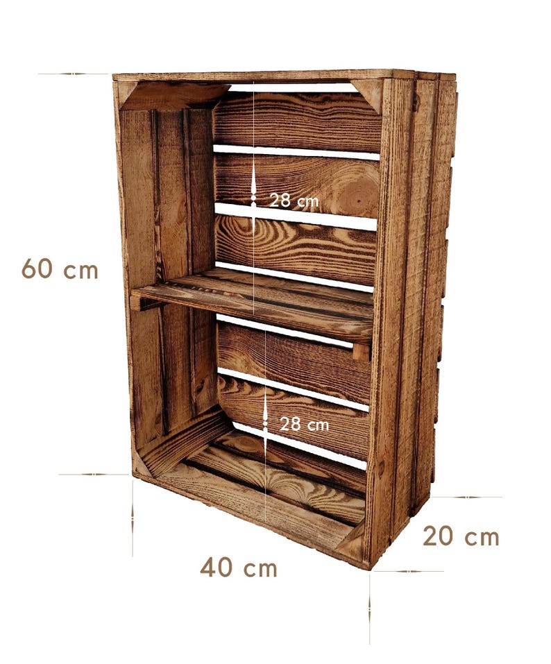 May include: A rustic wooden crate with a shelf, measuring 40 cm wide, 20 cm deep, and 60 cm tall. The shelf is 28 cm from the top and bottom. The crate is made of brown wood with visible grain.