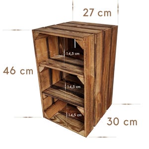 May include: A rustic wooden crate with three shelves, ideal for storage or display. The crate is 18 inches tall, 12 inches wide, and 11.8 inches deep. The shelves are 5.7 inches deep. The wood has a warm, natural finish.