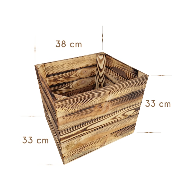 May include: A rustic wooden storage box with a natural wood finish. The box is 33 inches wide, 33 inches deep, and 38 inches tall.