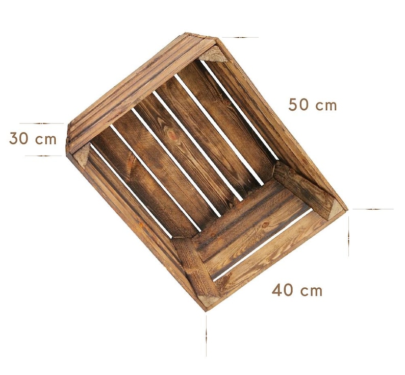 May include: A rustic wooden crate with a dark brown finish. The crate is 11.8 inches wide, 19.7 inches long, and 15.7 inches deep. The crate is made of wooden planks and is suitable for storage or display.