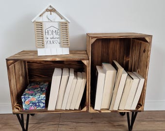 Modern Wooden Crate with 3 Pin Hairpin legs, Industrial storage, bedside table, Natural or Burnt effect finish