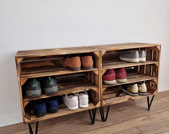 Wooden Shoe Rack, Crate Made of Wood with 3 Pins Hairpin Legs, Hallway Table, Bedside table, Box with shelves