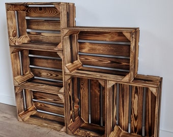 Petites caisses en bois au style naturel ou avec finition effet brûlé, caisses à pommes, caisses à fruits, boîtes de rangement, décoration