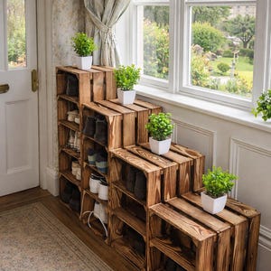 May include: Wooden crate shoe storage unit with multiple shelves, arranged in a stepped configuration. Each crate is stained a warm brown and holds various shoes. Small potted plants in white square pots sit atop the crates, adding a touch of greenery.