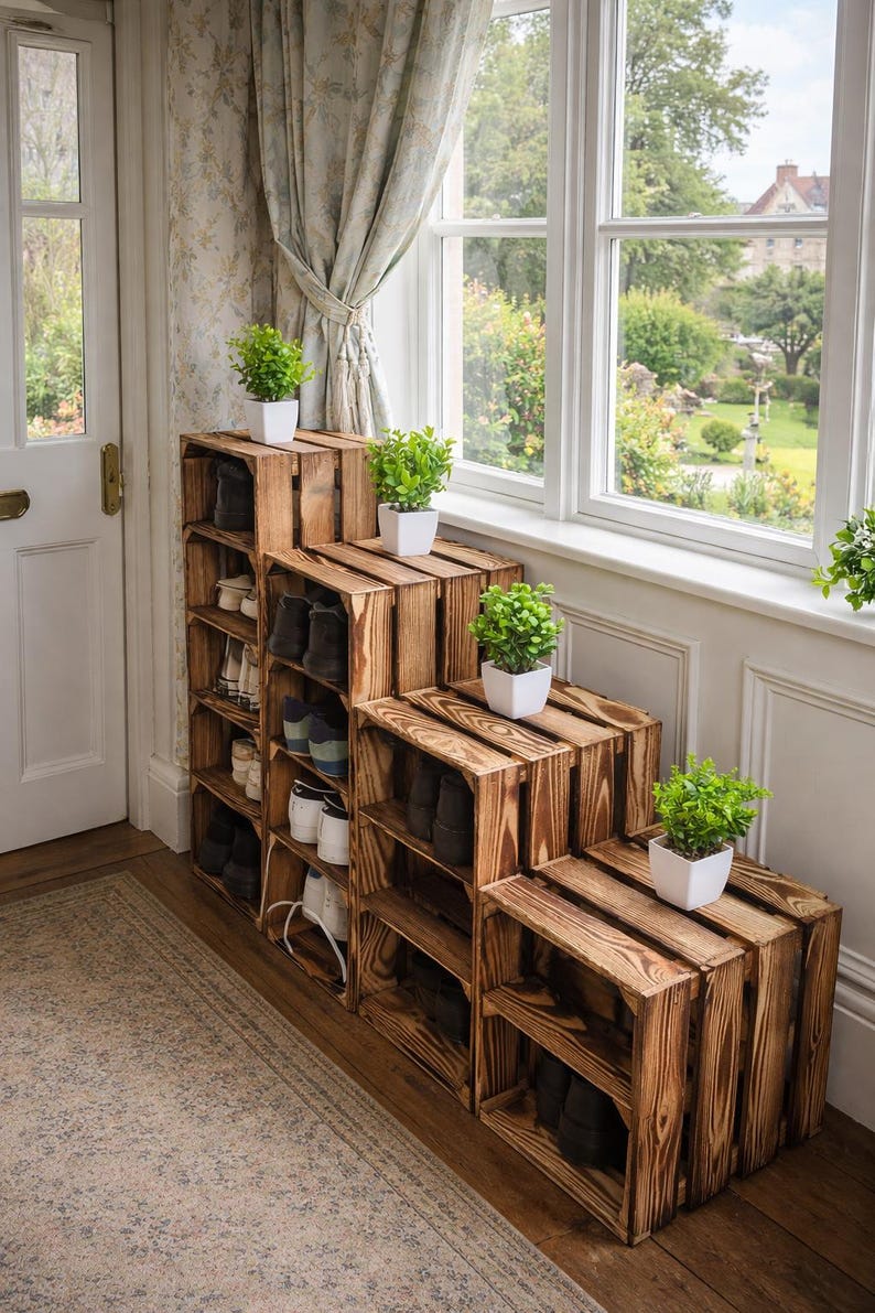 May include: Wooden crate shoe storage unit with multiple shelves, arranged in a stepped configuration. Each crate is stained a warm brown and holds various shoes. Small potted plants in white square pots sit atop the crates, adding a touch of greenery.