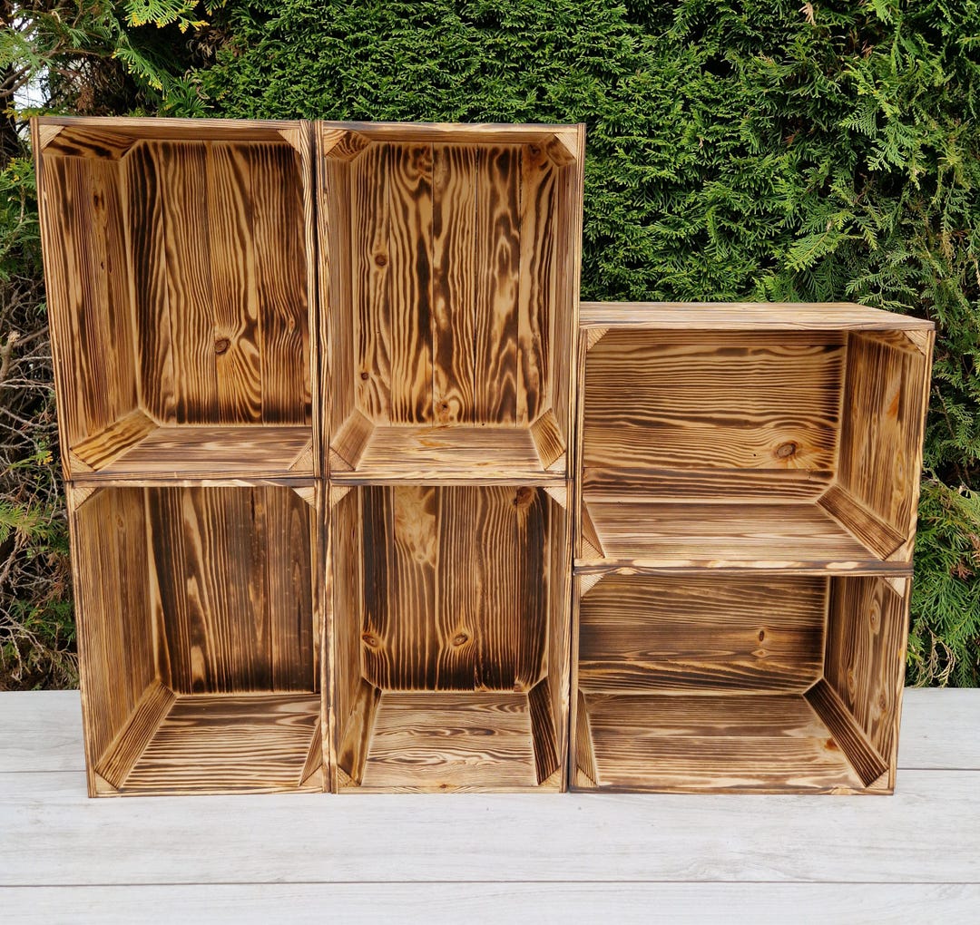 1,2,3,4 Solid&Strong Storage Wooden Crates Fruit Storage Box Shelf Decor - Clean -Natural, Burn Effect -Record Crates (Burnt Effect Long, 2 - View #2
