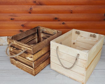 Boxes With Rope Handles Wooden crates, Carrier Vintage Apple Crate, Fruit Strong and Natural, Log Storage