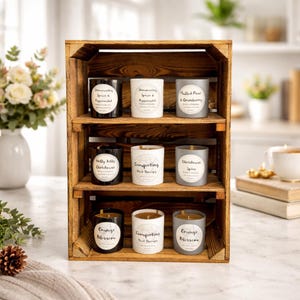 May include: A wooden crate displays nine scented candles in black, white, and gray containers. Each candle has a label with a different scent name, such as "Shimmering Spruce & Peppermint" and "Orange Blossom". The candles are arranged on three shelves.