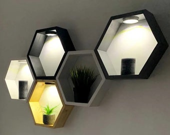 LED Hexagon Shelves Set Of Three Honeycomb Wood Design Feature Living Room White, Black, Natural, Burnt Effect, Light Green, Lavender