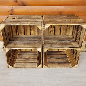 Sturdy Wooden Crates, Strong Storage Boxes In Sets of, Colours, Brown, Graphite, White, Natural, Burnt Effect Burnt - short shelf
