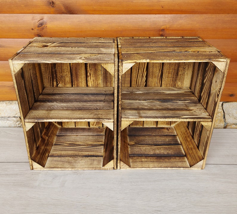 Sturdy Wooden Crates, Strong Storage Boxes In Sets of, Colours, Brown, Graphite, White, Natural, Burnt Effect Burnt - short shelf