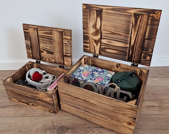 Wooden Containers, Set of 2 Wooden Crates with Lid, Black Industrial Hinges, Wooden Crates, Storage Chests