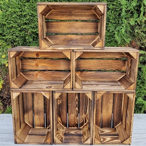 Set of 6 Wooden Crates with Burnt effect, small boxes
