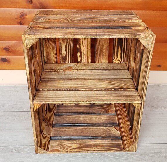 Large Wooden Burnt Crate Apple Box Storage Display Unit With Shelf VintageStyle 