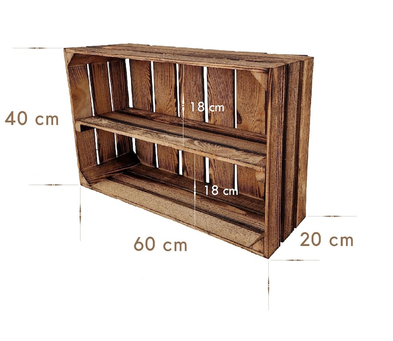 May include: A rustic, wooden crate-style shelf unit. The unit is stained a warm brown and features two shelves. It measures 23.6 inches wide, 15.7 inches high, and 7.9 inches deep. The shelves are 7 inches apart.