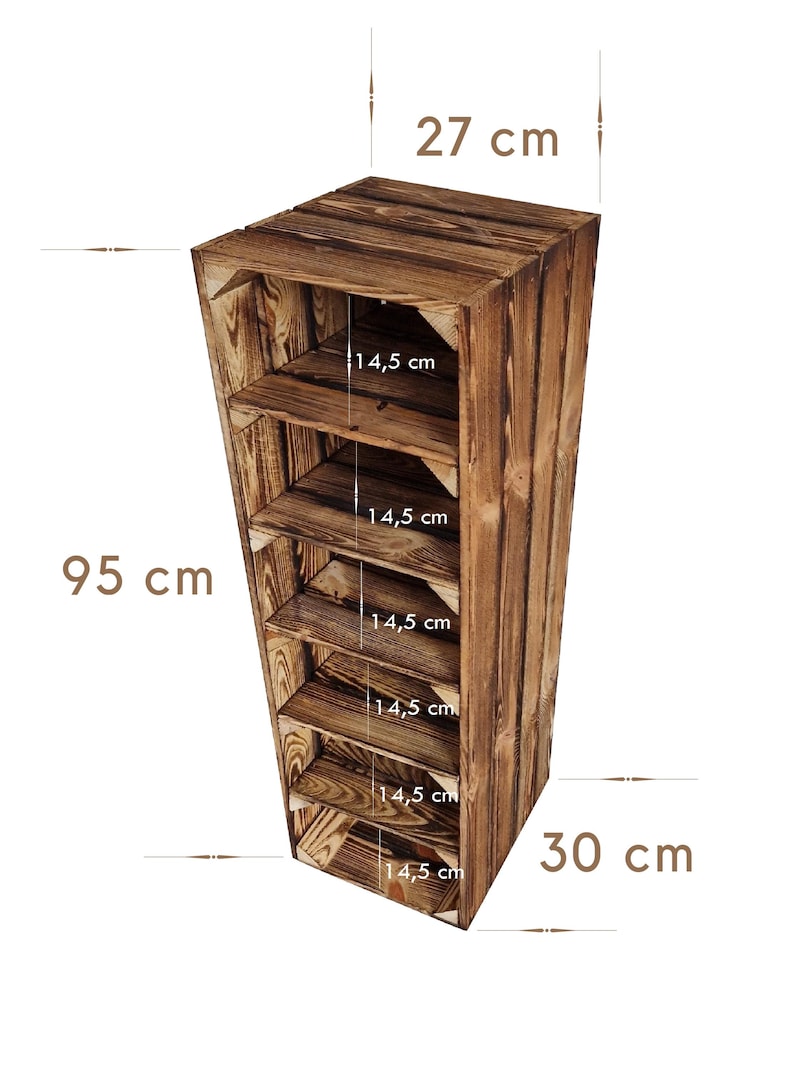 May include: A tall, rustic wooden shelf unit with six shelves. The unit is 37.4 inches tall, 11.8 inches wide, and 10.6 inches deep. Each shelf is 5.7 inches deep. The wood has a dark, stained finish.