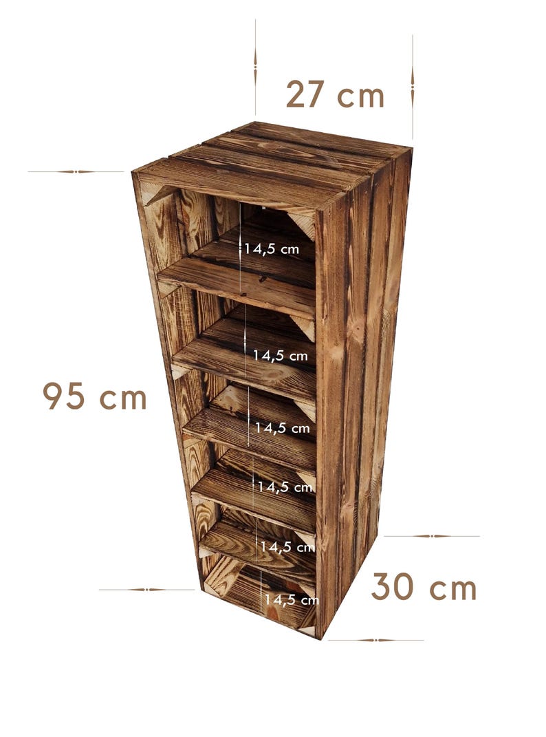 Puede incluir: Una estanter&iacute;a alta de madera de color marr&oacute;n oscuro con seis compartimentos abiertos. La unidad mide 95 cm de alto, 27 cm de ancho y 30 cm de profundidad. Cada uno de los seis espacios internos tiene una altura vertical de 14,5 cm.