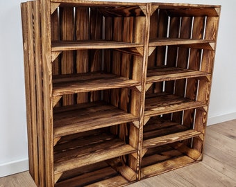 Large Wooden Crates For Storage with 4 shelves, 75x40x30 cm, Natural Or Burnt Effect Wooden Shoe Racks, Apple Crates, Bookshelves