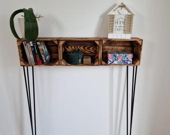 Narrow Wooden Console Table with Black 3 Pin Hairpin Legs | Wood Crates Shelves | Rustic Console Table | Radiator Cover
