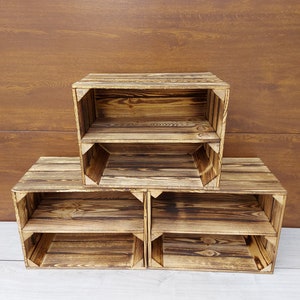 Sturdy Wooden Crates, Strong Storage Boxes In Sets of, Colours, Brown, Graphite, White, Natural, Burnt Effect Burnt - long shelf