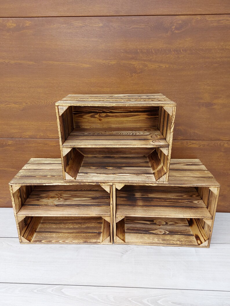 Sturdy Wooden Crates, Strong Storage Boxes In Sets of, Colours, Brown, Graphite, White, Natural, Burnt Effect Burnt - long shelf