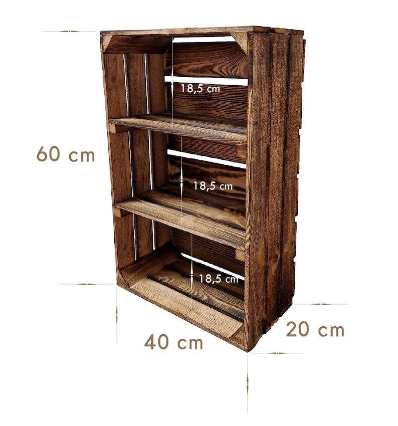 May include: A rustic, wooden crate-style shelf unit. The unit is stained a dark brown and features three shelves. The overall dimensions are 23.6 inches high, 15.7 inches wide, and 7.9 inches deep. Each shelf is 7.3 inches deep.