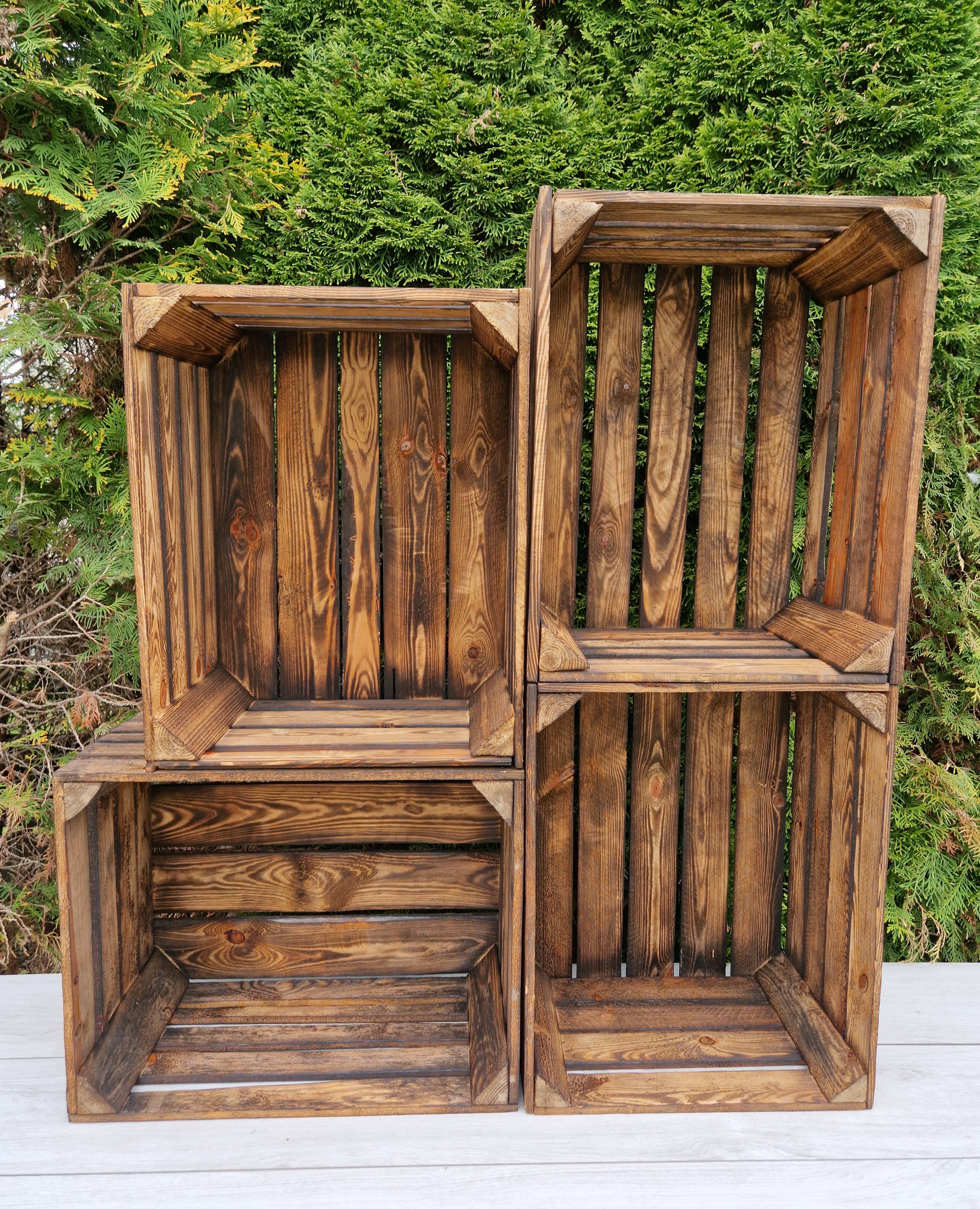 Rustic burnt effect wooden apple crate, sets of 2-24 boxes, fruit crates, storage boxes, home decor, display stand, vintage used box