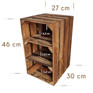 Puede incluir: Una estanter&iacute;a de madera marr&oacute;n tipo caja con tres compartimentos internos, cada uno de 14,5 cm de altura. Las dimensiones totales de la unidad son 46 cm de alto, 27 cm de ancho y 30 cm de profundidad, seg&uacute;n las etiquetas de texto visibles.