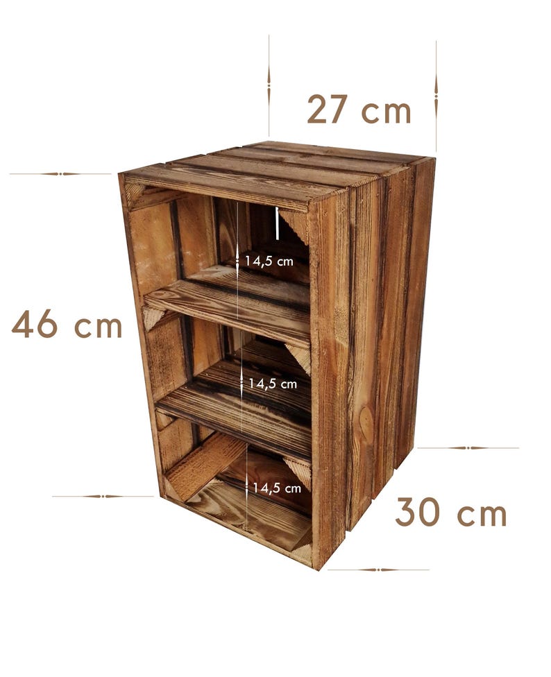 Puede incluir: Una estanter&iacute;a de madera marr&oacute;n tipo caja con tres compartimentos internos, cada uno de 14,5 cm de altura. Las dimensiones totales de la unidad son 46 cm de alto, 27 cm de ancho y 30 cm de profundidad, seg&uacute;n las etiquetas de texto visibles.