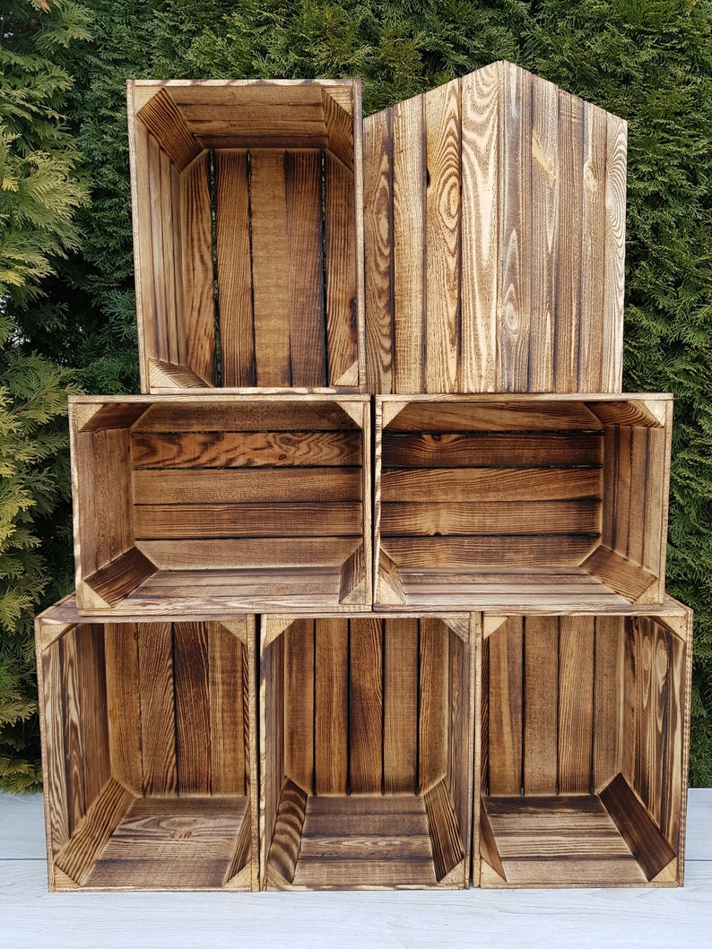 Sturdy Wooden Crates, Strong Storage Boxes In Sets of, Colours, Brown, Graphite, White, Natural, Burnt Effect image 1