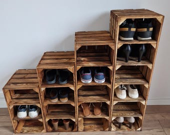 Wooden Shoe Rack, rustic and vintage wooden crate tall shoe rack, apple fruit box, shoe bench