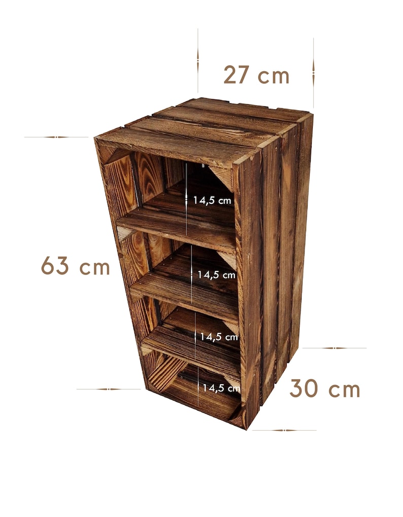 Puede incluir: Una estanter&iacute;a de caja de madera te&ntilde;ida de marr&oacute;n oscuro con cuatro compartimentos internos. La unidad mide 63 cm de alto, 27 cm de ancho y 30 cm de profundidad. Cada uno de los cuatro espacios internos tiene una altura de 14,5 cm.