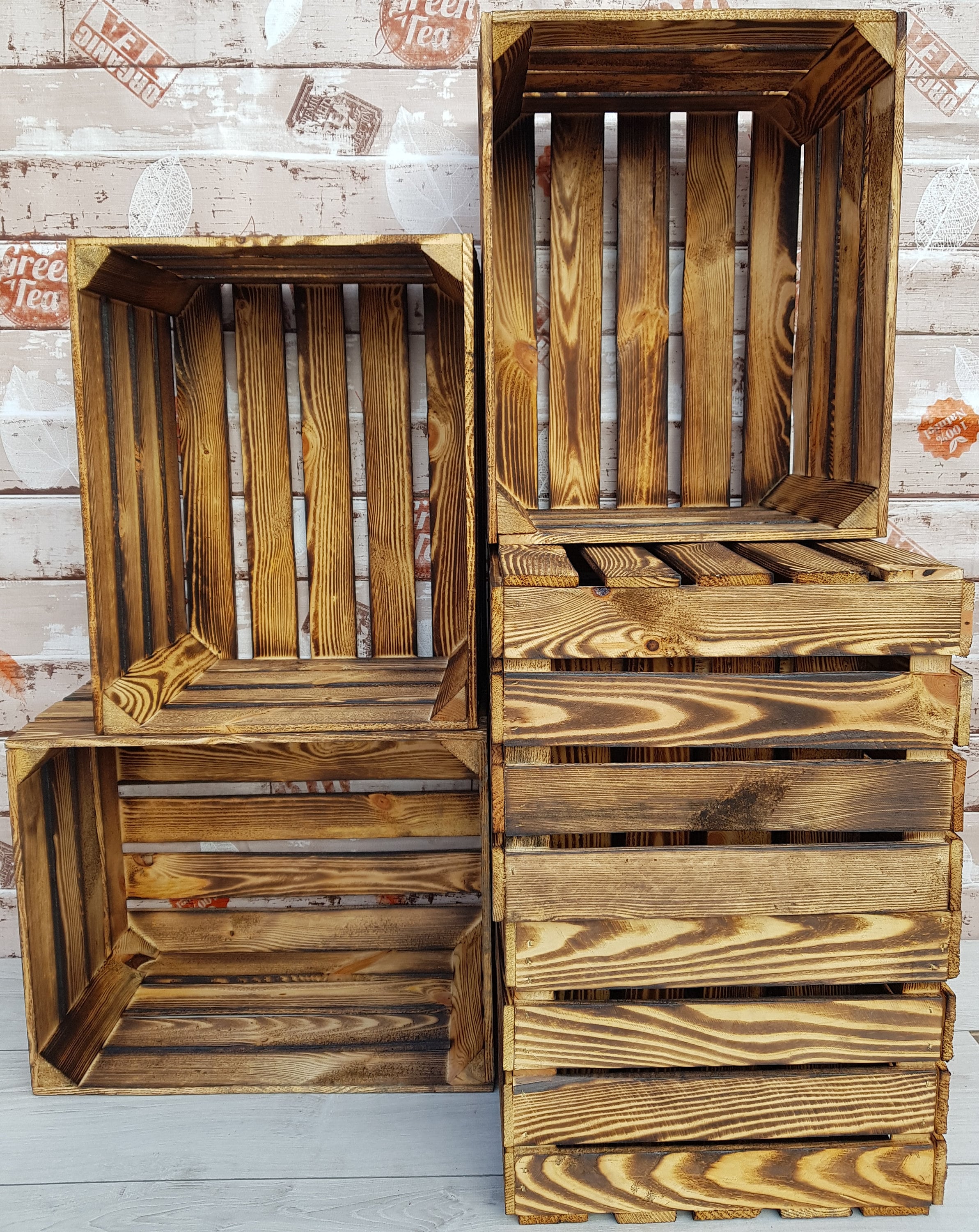 1,2,3,4 Solid&Strong Storage Wooden Crates Fruit Storage Box Shelf Decor - Clean -Natural, Burn Effect -Record Crates (Burnt Effect Long, 2 - View #6