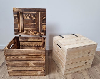 Wooden Storage Boxes With Hinged Lid, 34x38x33, Storage Basket, Natural Or Burnt Effect Look, Wooden Chest With Handles