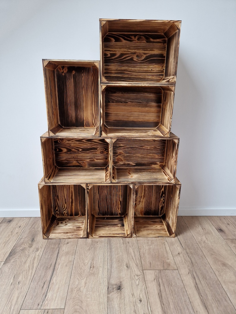 Sturdy Wooden Crates, Strong Storage Boxes In Sets of, Colours, Brown, Graphite, White, Natural, Burnt Effect image 4
