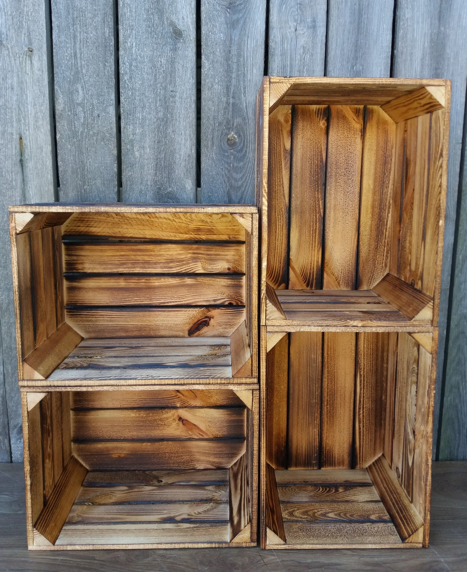 1,2,3,4 Solid&Strong Storage Wooden Crates Fruit Storage Box Shelf Decor - Clean -Natural, Burn Effect -Record Crates (Burnt Effect Long, 2 - View #8