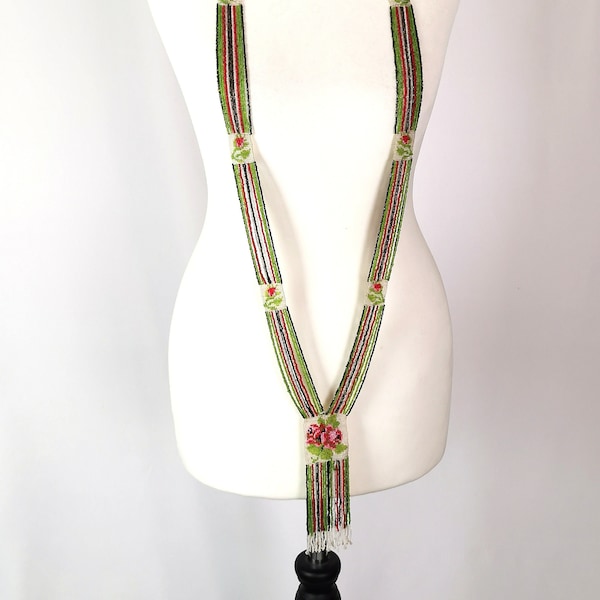 Vintage Art Deco glass beadwork sautoir necklace, floral, Flapper length