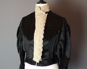 Antique Victorian black silk and cream lace bodice, blouse