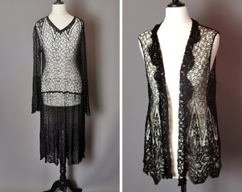 Vintage 1920's Black cobweb lace dress, waistcoat