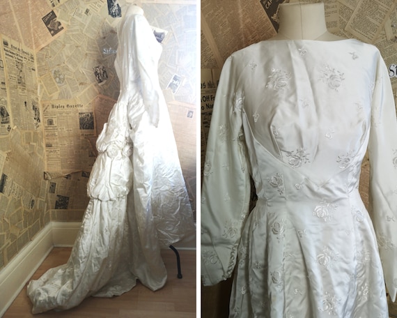 Vintage 50's satin wedding dress, rose bustle