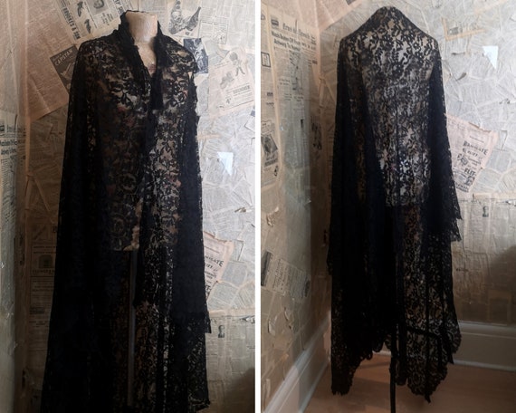 Antique Victorian black lace shawl, large