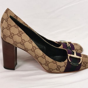 New LOUIS VUITTON Brown Monogram Black Leather Low Heel Pumps Shoes 39, 8.5