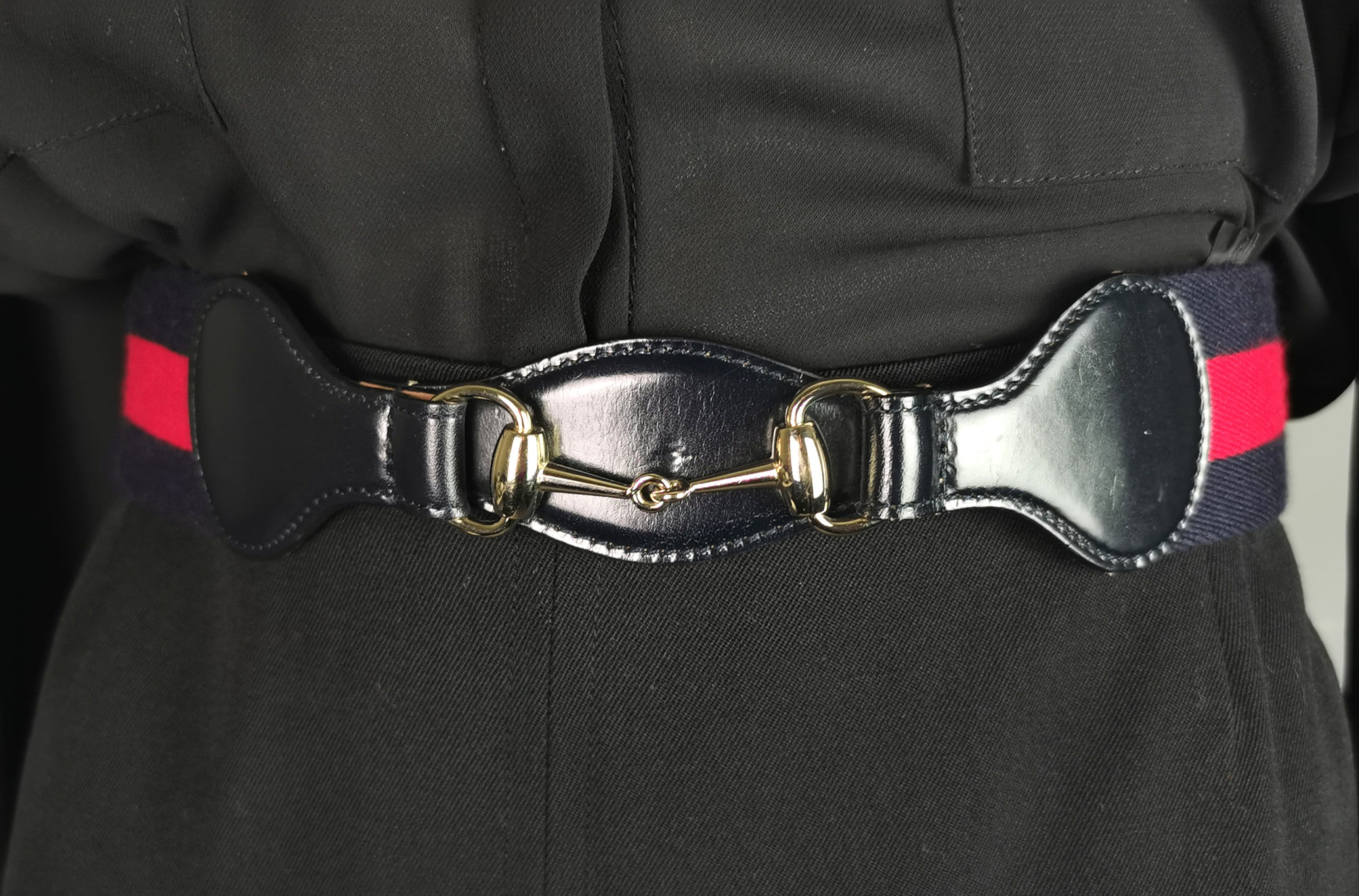 Vintage Gucci Horsebit Belt, Navy Leather and Stripe Canvas